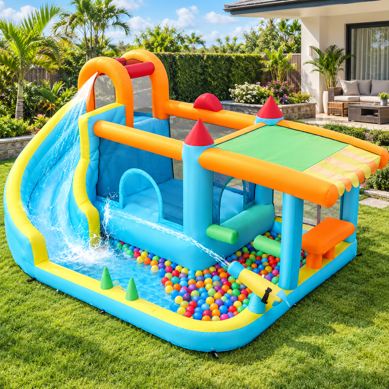 AquaQuest 14FT 12-in-1 inflatable bounce house with slide and ball pit in a backyard